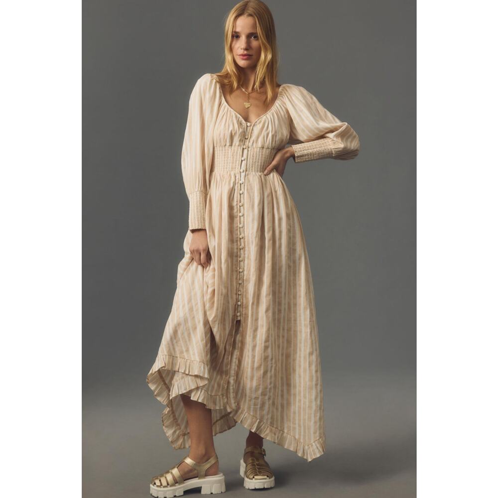 Anthropologie Cream Stripe Puff-Sleeve Mini Dress - Picture 2 of 9